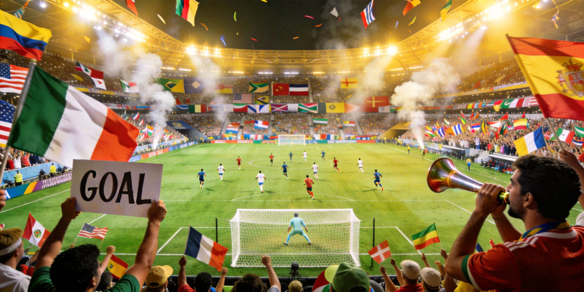 世界杯比赛直播现场画面，球迷欢呼与球场全景